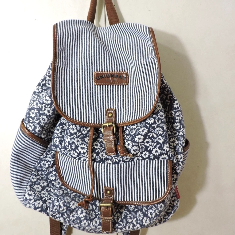 UNIONBAY Navy Floral & White Striped Canvas Backpack with Brown Trim